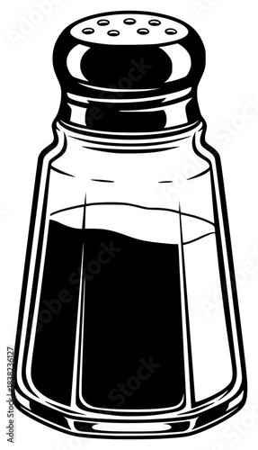 A black and white illustration of a salt shaker, black, glass jar, grinder, illustration, jar, lid, powder, salt, salt shaker, shaker, white, against transparent background