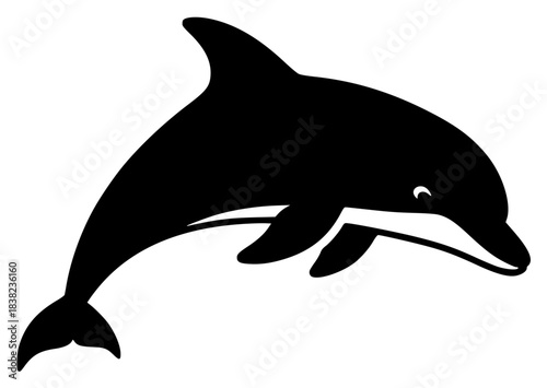 A black silhouette of a dolphin jumping, with a simple , black, dolphin, illustration, jump, profile, against transparent background