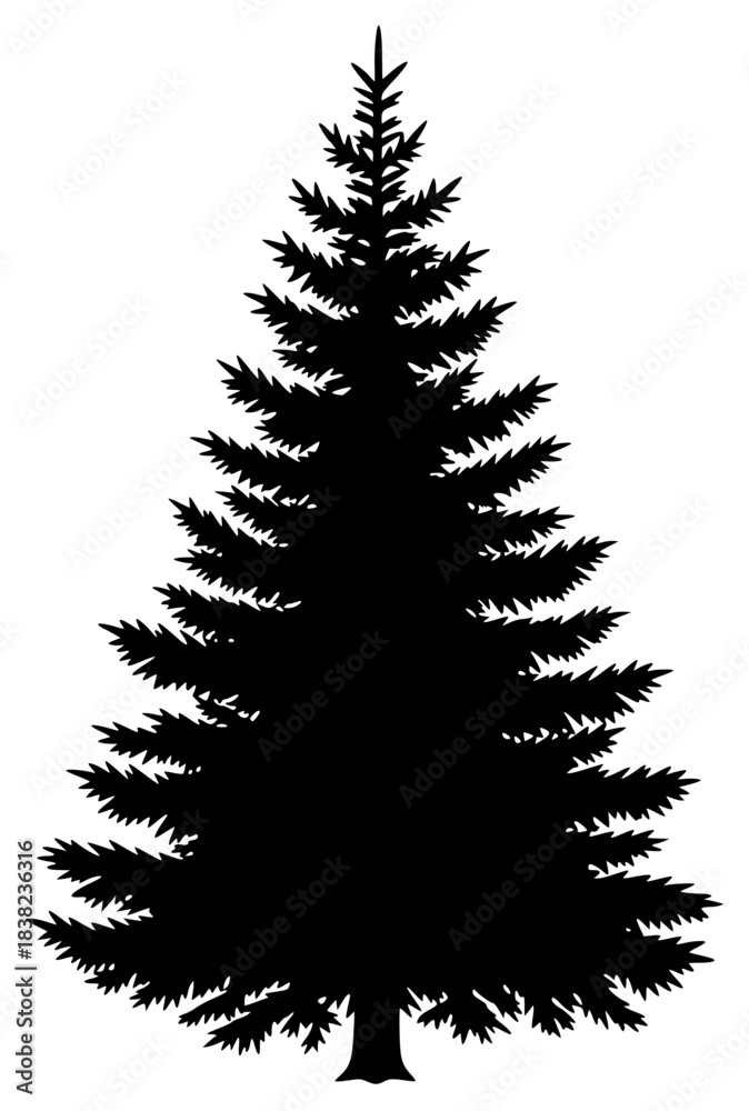 Obraz premium A black and white silhouette of a tall pine tree, black, christmas tree, fir tree, illustration, pine, profile, spruce, tree, against transparent background