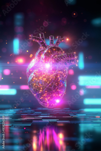3D illustration of a glowing heart made of interconnected lines and particles, set against a vibrant digital background, symbolizing health, technology, and innovation in medical science
