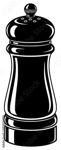 A black and white illustration of a pepper mill, black, grinder, illustration, kitchenware, lid, pepper grinder, profile, salt shaker, shaker, white, against transparent background
