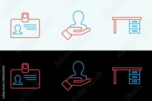 Set line Office desk, Identification badge and Hand for search people icon. Vector
