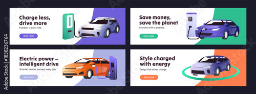 Designs of advertising banners of electro cars set. Promotion templates of electric automobiles. Layouts with auto charging stations, chargers, plugs for modern transport. Flat vector illustrations.