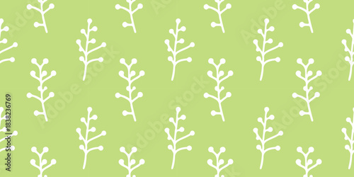Vector illustration of a repeating leaf pattern on a green background. The design features simple, white leaf motifs evenly spaced, perfect for textiles, wallpapers, or digital projects.