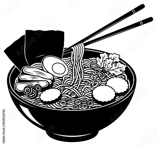 A bowl of ramen with noodles, vegetables, and a fried egg, accompanied by chopsticks, black, bowl, broth, chopstick, egg, food, illustration, noodle, plate, vegetable, against transparent background