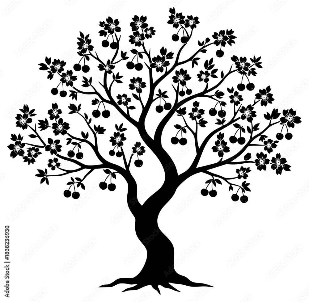 Obraz premium A black and white silhouette of a tree with flowers and fruits, apple tree, berry, black, cherry, flower, fruit, illustration, profile, tree, against transparent background