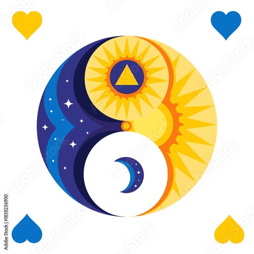 Yin Yang symbol vector illustration representing day and night with sun moon and stars isolated on white background
