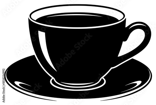 A black and white silhouette of a cup and saucer, beverage, black, coffee, coffee cup, cup, illustration, liquid, mug, plate, profile, saucer, tea, teacup, against transparent background