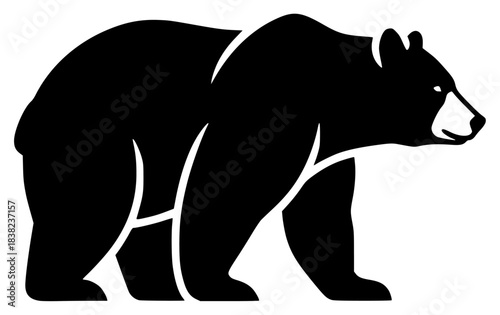 A black and white silhouette of a bear on a plain , animal, bear, black, brown, brown bear, illustration, image, profile, against transparent background