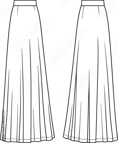 CAD Flat Sketch of Pleated Maxi Skirt, Long Flowy Skirt Fashion Template, Technical Drawing, Front and Back View