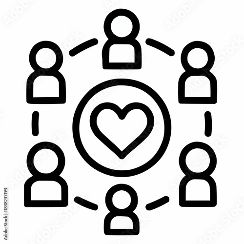 Line icon of a heart inside a circle of diverse figures, black on white, square minimalist style
