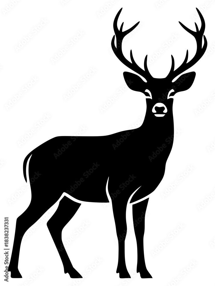 Obraz premium A black silhouette of a deer with antlers on a plain , animal, antler, black, deer, illustration, moose, profile, reindeer, stand, trumpet, against transparent background