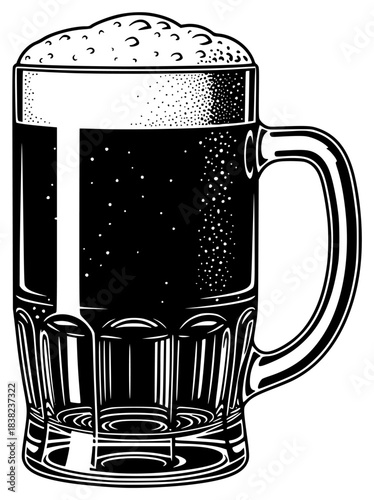 A black and white illustration of a beer mug filled with dark beer, alcohol, beer, beer glass, beverage, black, bubble, cup, draw, foam, illustration, liquid, mug, against transparent background