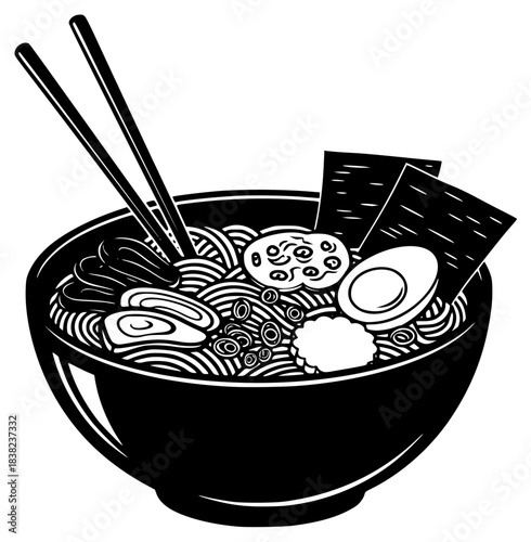 A bowl of ramen with noodles, vegetables, and a fried egg, accompanied by chopsticks, black, bowl, chopstick, egg, food, illustration, noodle, plate, soup, against transparent background