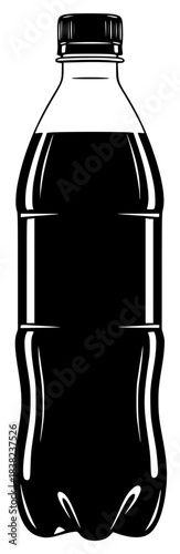 A black and white illustration of a plastic bottle filled with soda, black, bottle, container, drink, illustration, juice, liquid, plastic, profile, water, against transparent background