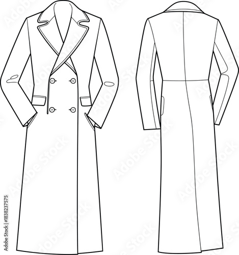 Double Breasted Trench Coat Flat Sketch, Long Overcoat Fashion Template, Vector Technical Drawing, Winter Outerwear Apparel Design