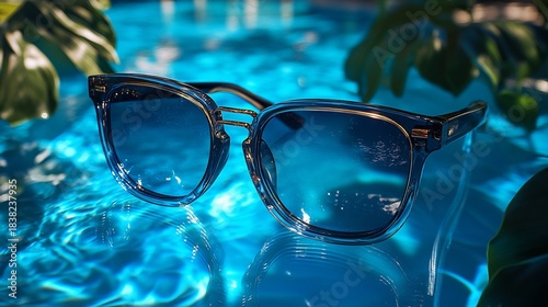 Oversized sunglasses gradient lenses on a poolside chair surrounded by tropical plants and reflecting clear blue skies perfect for luxurious summer vacations