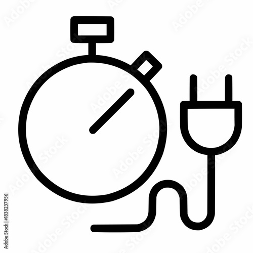Line icon of a stopwatch with plug — fast charging, black on white, square minimalist style