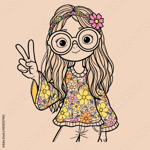A line-art style illustration of a girl with long, flowing hair and large, round glasses, wearing a floral, bell-sleeved top and a flower headband. She is making a peace
