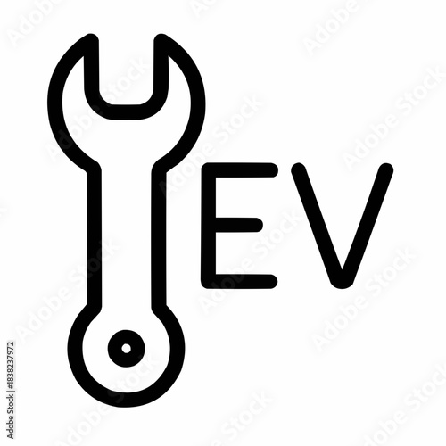 Line icon of a wrench and EV symbol — electric vehicle maintenance, black on white, square minimalist style