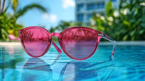 Oversized sunglasses gradient lenses on a poolside chair surrounded by tropical plants and reflecting clear blue skies perfect for luxurious summer vacations