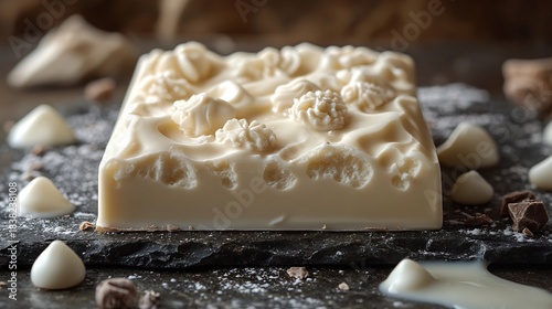 Partially unwrapped Milky bar creamy texture highlighted arranged on a slate board with milk droplets around capturing the fresh and smooth essence of white chocolate