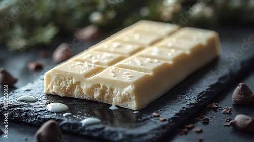 Partially unwrapped Milky bar creamy texture highlighted arranged on a slate board with milk droplets around capturing the fresh and smooth essence of white chocolate