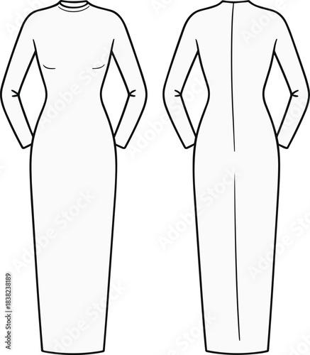 Flat Sketch of Long Sleeve Bodycon Maxi Dress with Mock Neck, Front and Back View, Technical Fashion Illustration Template
