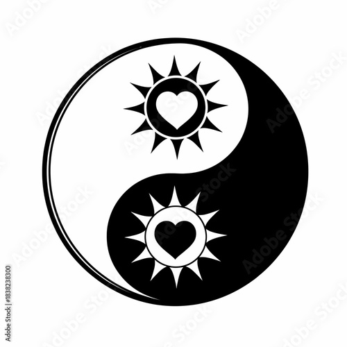 Yin Yang symbol vector illustration featuring suns with hearts representing balance and love isolated on white background