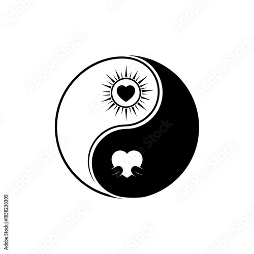 Yin Yang symbol vector illustration with sun heart and opposing heart shape isolated on white background