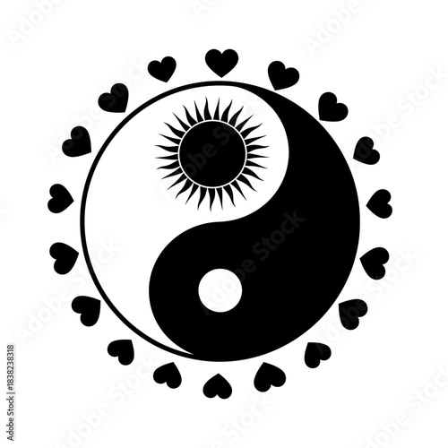 Yin Yang symbol vector with sun heart border representing balance and harmony isolated on white background