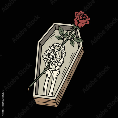 Skeleton hand holding a rose from a coffin.