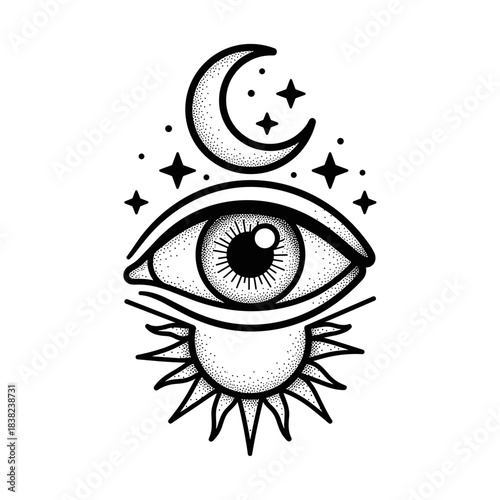 Mystical Eye of Providence with Sun and Moon Celestial Symbols.