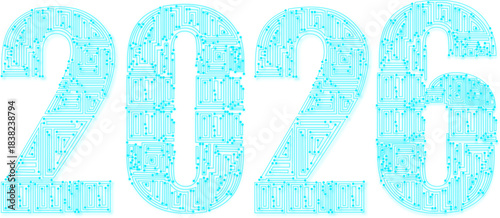 New Year 2026 Circuit Design, Futuristic Typography Illustration, Digital Celebration Symbol, Tech-Themed Year Graphic
