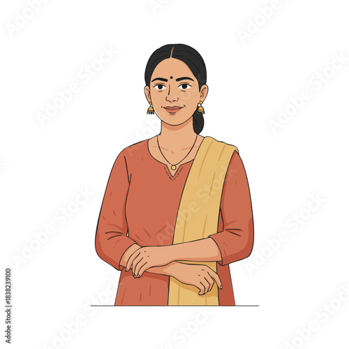 Vector illustration of an Indian woman wearing traditional attire, standing with a calm and confident expression.