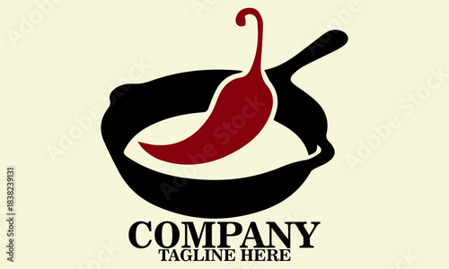 Vector illustration skillet with a single curved chili pepper resting inside it, skillet and chili logo design, national fajita day