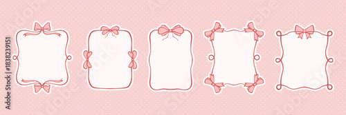 Pink bow frame set in delicate line art style. Vector collection of elegant ribbons and borders. Whimsical and romantic coquette decoration for Valentine cards, posters, menus, or birthday invites