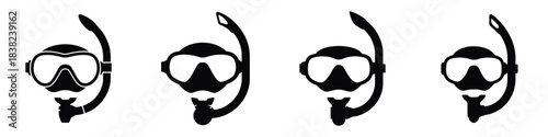 Black Scuba Diving Mask and Snorkel Vector Icon Set: Water Sport, Snorkeling Gear, and Equipment Symbol