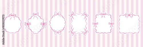 Set of frames with pink ribbon and bows. Hand-drawn coquette borders. Elegant and romantic design elements for cards, wedding invitations. Vector doodle illustration on a stripped pink background.