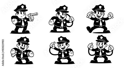 Retro Cartoon Police Officer Character Set.