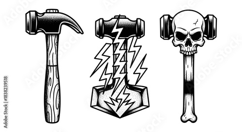 Three distinct hammer designs including a classic hammer a lightning hammer and a skull hammer.
