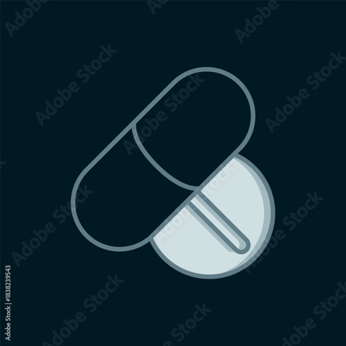 Line Medicine pill or tablet icon isolated on black background. Capsule pill and drug sign. Pharmacy design. Flat filled outline style with shadow. Vector