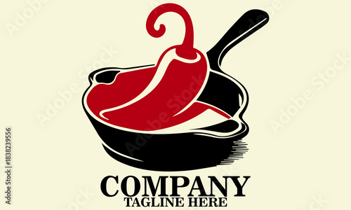 Vector illustration skillet with a single curved chili pepper resting inside it, skillet and chili logo design, national fajita day