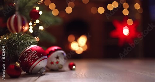 Christmas tree with toys and a flickering fireplace with the Star of Bethlehem symbol
