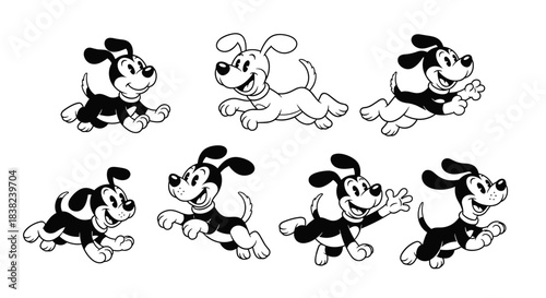 Set of cartoon dogs in various running poses.