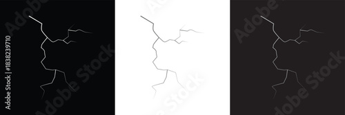 Surface crack and fissure in ground, concrete, crevices from disaster top view.   Broken ground, wall, glass pattern effect. isolated on white and black background. vector illustration. EPS 10 .