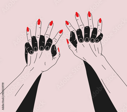 Hand drawn illustration with hands of a couple. Hands of one partner hold the others. Concept of passion, love, intimate moment. Minimal trendy design for Valentine's day design, card, print, poster