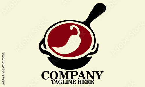 Vector illustration skillet with a single curved chili pepper resting inside it, skillet and chili logo design, national fajita day