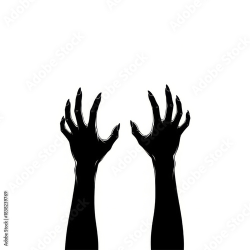 Black Silhouette of Reaching Hands with Long Nails, Spooky or Dramatic Gesture, White Background