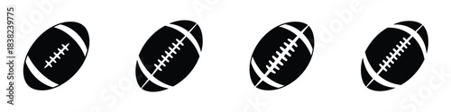 Black Rugby Ball Vector Icon Set: American Football, Game, Sport Equipment, and Tournament Symbol for Design